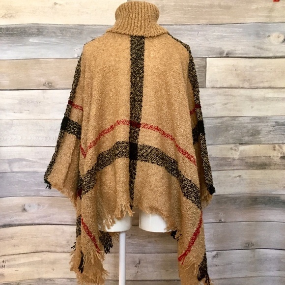 Camel mocha plaid turtleneck poncho wrap NWT - Picture 4 of 8